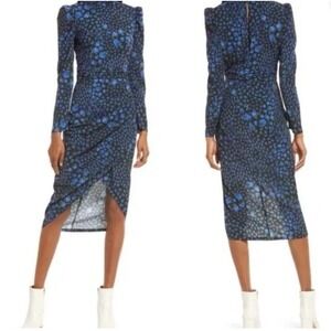 Saylor Aphrodite Blue Floral Long Sleeve Puff Shoulder Tulip Hem Dress- Small